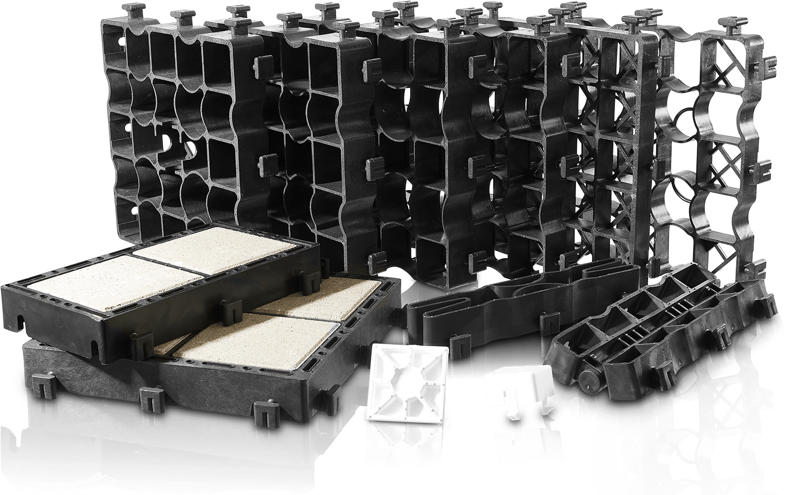 Freigestellte Darstellung unterschiedlicher ECORASTER Typen und Zubehör