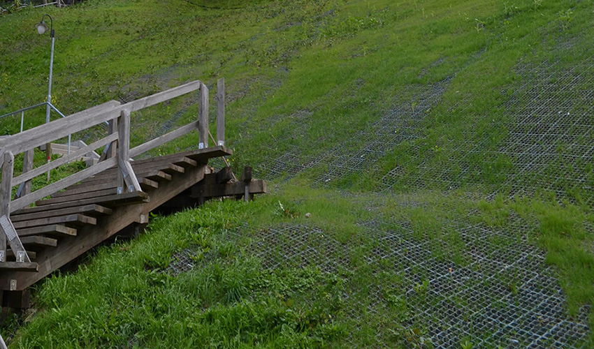 Begrünte ECORASTER Fläche am Hang.