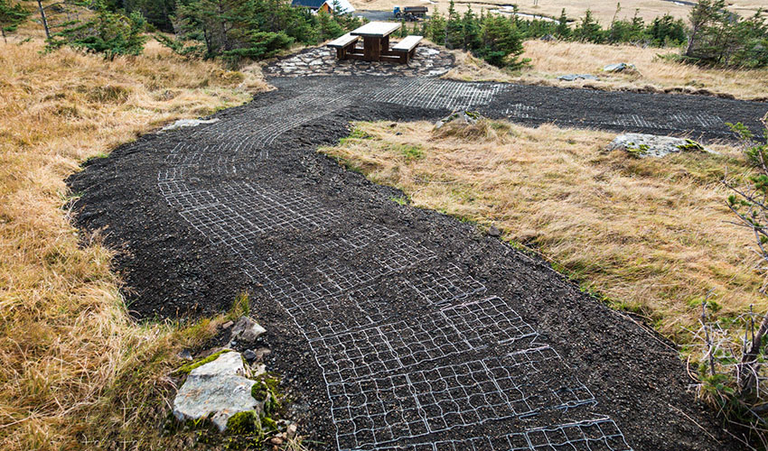 Mit Steinen verfüllte ECORASTER Wege mit Kurven in isländischer Natur.