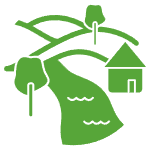Grünes Icon einer Landschaft mit Bäumen, Haus und Hügeln